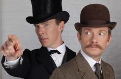 sherlockology:  Surprise! Today has seen the read through for the â€˜Sherlock Specialâ€™ - where Benedict Cumberbatch and Martin Freeman have apparently decided to dress up like thisâ€¦ though if you look closer you might spot some interesting quirksâ€¦
