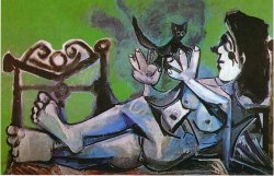 pablopicasso-art:    Lying female nude with cat  1964  Pablo