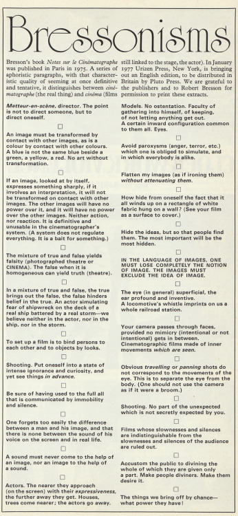 Bressonisms, From Sight and Sound, Winter 1976/7 Free from Broadway Cinema, Nottingham.