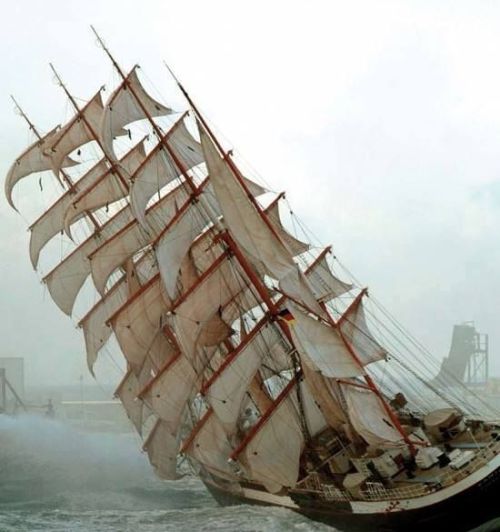 123oleg:  Tall Ship in Heavy Wind. The Pamir was built in 1905 for a Hamburg shipping company. Flying P-Liners and was therefore traditionally baptized into one with “P” name starting on the Central Asian Pamir Mountains.   Hike! Bitches.