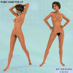 New pubic hair for V7 by SFD!  	This product contains 6 pubic hair smart-props for V7 and 6 color materials presets.   	Each pubic hair smart-prop comes with a dial to adjust the hair density. Act fast because this product is on sale for a limited time!