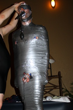 bondagejock:  Mummified with inflatable breathing tube gag and
