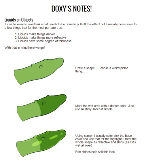 mylittledoxy:  a helpful tutorial for making objects appear wet or gooey, like pickles and hotdogs! yeah!! hope this helps you guys out some. support here so i can keep making tutorials like this: https://www.patreon.com/doxydoo?ty=h   Nice tutorial!