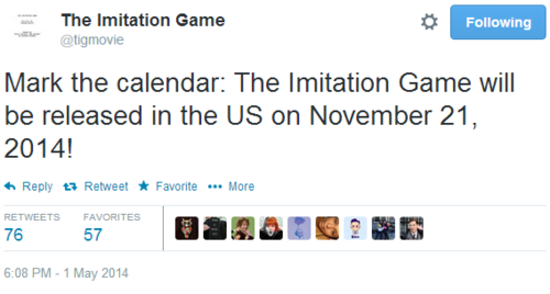 The Imitation Game is set for release on November 21, 2014 in