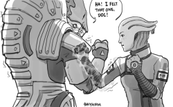 skyllianhamster: Combat sketching with Wrex and Liara, I love