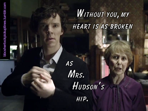 “Without you, my heart is as broken as Mrs. Hudson’s hip.”