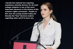Emma Watson speaking at womenâ€™s rights conference promoting the expansion of Idecide mandatory male chastity laws.