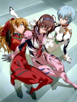 avshortbits:  Asuka, Mari & Rei (Evangelion). Asuka has a