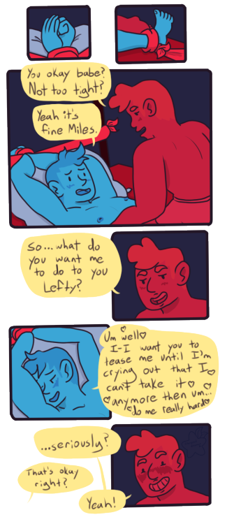 starseedpro:  Lefty and Miles being adventures in the bedroom. Iâ€™ve got this up on Tapastic and Comic Fury. Also you should check out my commission info if you wanna support me making silly comics.    :thumbsup: