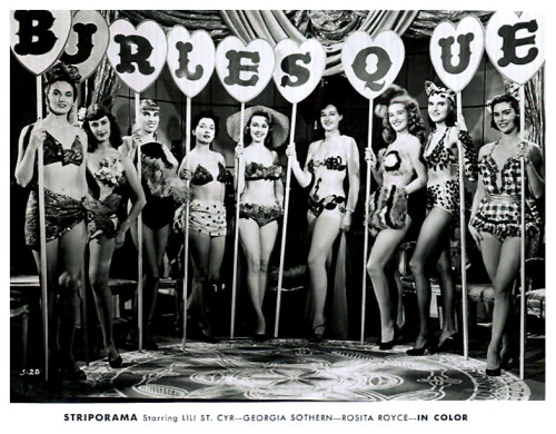 A bevy of showgirls pose for a lobby card used to promote the 1953 film ‘STRIPORAMA’; starring: Lili St. Cyr.. Produced by Martin Lewis, it would serve as the inspiration for Irving Klaw’s own entries into the genre: 'TEASERAMA’ and