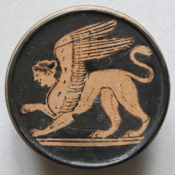 lionofchaeronea:The Sphinx.  Attic red-figure pyxis, artist