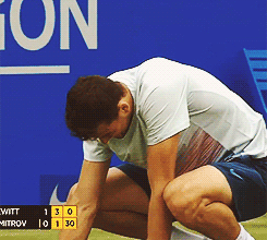 oliviergiroudd:  Dimitrov takes a tennis ball to the crotch v Hewitt (12/6/2013) 