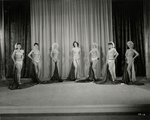 gmgallery:A publicity still from the 1951 Burlesque film: “FRENCH FOLLIES”, showcases the feature performers.. They are (from Left-to-Right): Pat Flannery, Doreen Gray, Crystal Starr, Val De Val, Jennie Lee, Ruby Lee, and Jean Carroll.. The film was