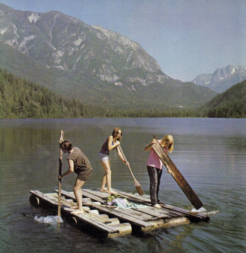vintagecamping:Some gals test the raft they built on Box Lake
