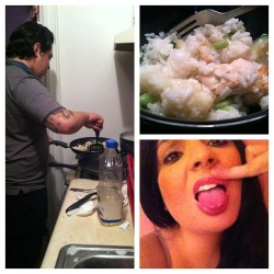 Cute tattooed boys cook me garlic chicken, rice and veggies.