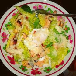 Forgot to snap before I attacked! Hot smoked Salmon caesar salad.