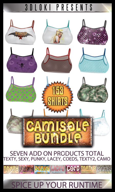 A bundle of Loki’s Camisole texture packs for disordercode’s S Show II for V4 & S Show II for V6 have just been release today! 153 unique tops in all! Just to name a few we’ve got Texty, Sexy, and Punky camisole sets. Click the link
