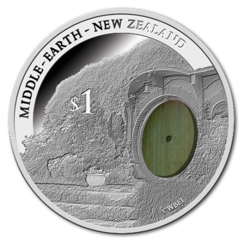 Limited-edition commemorative silver coin issued by New Zealand Post in honour of the final Hobbit film … inlaid with a piece of the wood from the Party Tree from the Hobbiton movie set. Awesome keepsake for a serious fan. https://stamps.nzpost.co.