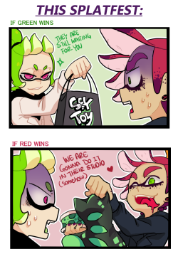 woomyhitsu:  these two always compete each other in splatfest, loser gets to do  whatever the winner tells him to, and you can imagine all the punishments they like to give. Characters: Green  choosed Early Birds &amp; Red  choosed Night Owls (just