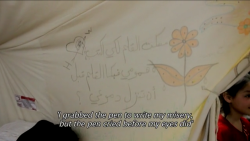 freeefreesyria:   A Syrian refugee wrote this in his tent. “I