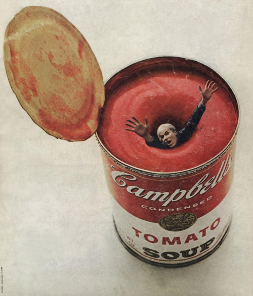 nemfrog:  Andy Warhol drowning in a can of tomato soup. Esquire.