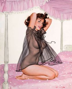 artbeautypaintings:Brunette in black negligee in pink bed - Arthur