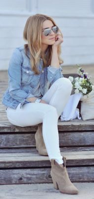 styledbykasey:  booties + white denim + jean jacket + mirrored