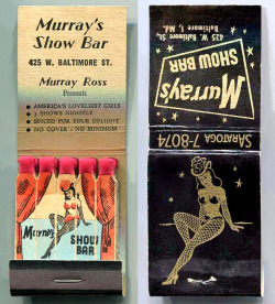 SPICED FOR YOUR DELIGHT!Vintage 50’s-era matchbook from “Murray’s Show Bar” nightclub; located at 425 W. Baltimore Street.. 