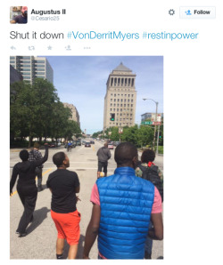 justice4mikebrown:  May 19Small group of protesters marched outside