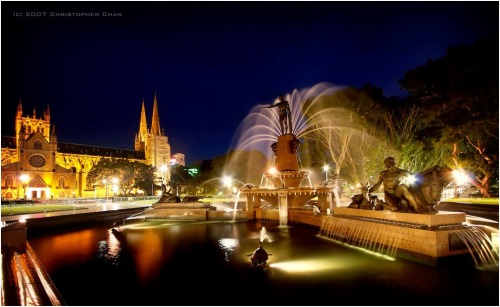 Sculpted waters (Archibald Fountain in Hyde Park, Sydney, Australia; St. Mary’s Cathedral is in the background)