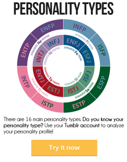 This application tells you your personality type by looking at your Tumblr account. Go to  and see what personality type your Tumblr says you are! My Tumblr Personality Type Results:INTJ personalityIt&rsquo;s lonely at the top, and being one of the rarest