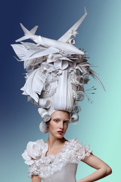 itscolossal:  Sky-High Paper Wigs Topped With Modern Luxuries