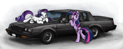 king-kakapo:   Twilight and Rarity modeling with this 87 Buick