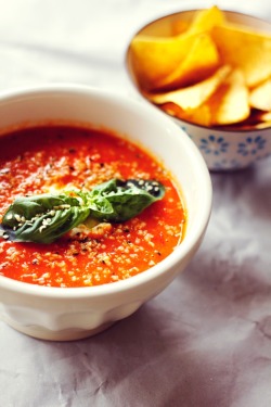 elephantsarevegan:  spicy tomatosoup and corn Chips on the side