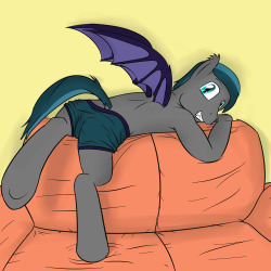 Lunar Solstice, the first bat pony to come try on a pair of trunks