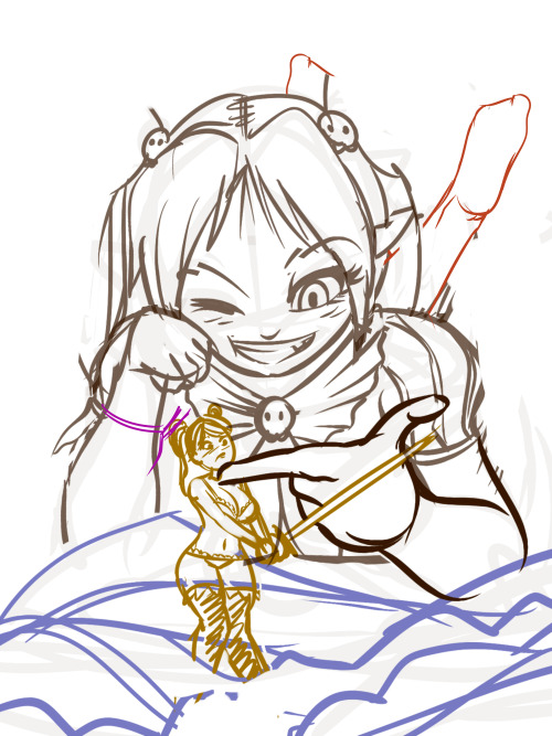xanafar:  The little half-imp girl Naran used her shrinking powers against the swordwoman Alise. Her magical sword, able to change its size at her will, but bound to Alise’s actual size, is a fancy tootpick for now-not-so-little Naran. I doubt people