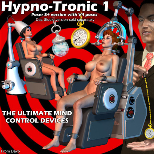 Davo is at it again! Take  control of your favorite characters mind with these new and classic  mind control “Hypnotizing” devices. Support for M4 and V4 and ready for Poser 8 and up!  “Hypno-Tronic” Mind Control Devices For P8