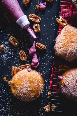 sweetoothgirl:   Maple Pecan Doughnuts with Blueberry Mascarpone