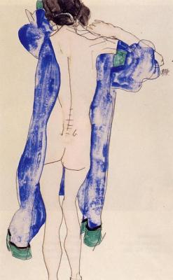egonschiele-art: Standing Female Nude in a Blue Robe, 1913 Egon