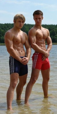 sexy-lads:  Two shirtless muscular friends 