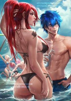 sakimichan:  the gang from fairytail on beach day !^o^trying