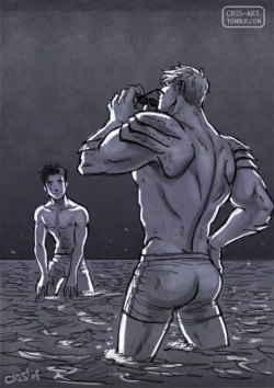 cris-art:    a Sketch, Hulkling and Wiccan at the beach.  I hope