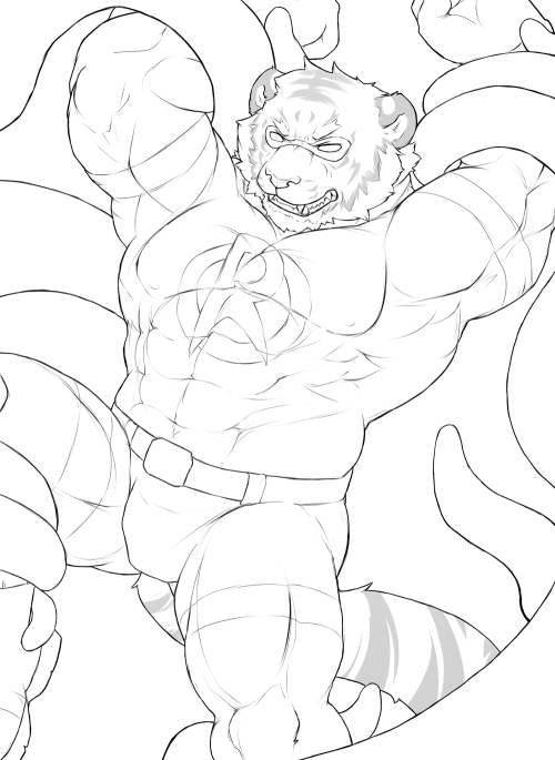 ralphthefeline:  So someone from Twitter wanted to see a buff tiger Ralph as a superhero, who is being attacked by tentacles owo this must be one of the weirdest ideas I have gotten from asking there XD well it has been a while since I drew buff tiger