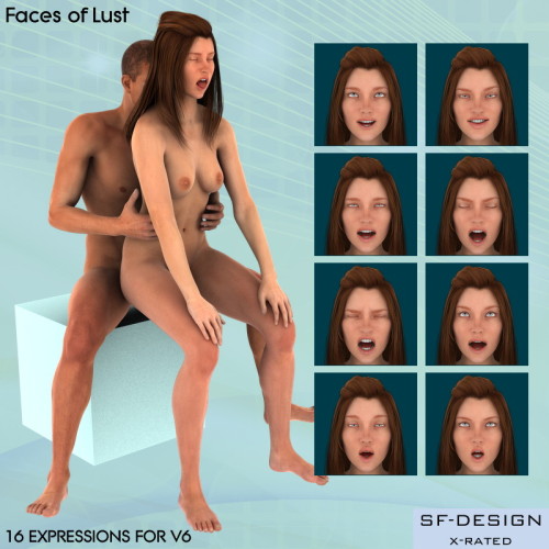 Add some more emotions to your V6 renders! This product contains 16  horny facial expression poses for V6 and one reset expression pose. The  expressions were created with DAZ Studio 4.7 and not recommended for  poser.Faces of Lust for V6http://renderoti.