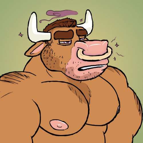 rubberskunkadditionally:  kotepteef:  Boy, looks like nose rings are risky business!  @rubberskunkadditionally made this little bull guy into a big grump, and I came in with the colors.  Man can I call ‘em or what. I liked how this one came out especially