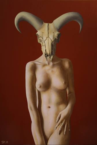 art-now-russia:no title, Sergei Pechalingirl, skull, nude, horns,