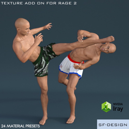 SFD has a great new  Texture Add On for Halcyone’s Rage 2!  This product contains 24 new material presets (12 Iray and 12 3Delight materials) 	for the shorts of Halcyone’s Rage 2 clothing product.  Ready for Daz Studi0 4.8  and your Genesis