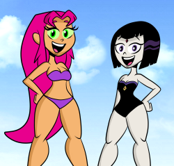 ironbloodaika:  sb99stuff:    It’s official, Go! has more fanservice than even the original. Joking aside, here’s Starfire and Raven in their swimsuits from the upcoming episode, “Two Parter”.  Of course, I will draw them in their Justice League