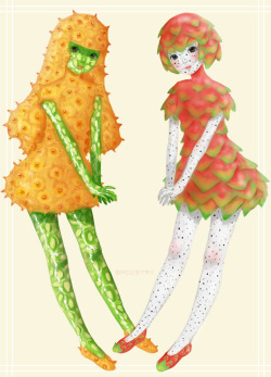 saccstry:  Two fruit girls, kiwano and pitaya. Their bodies/dresses