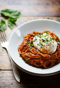 everythingwithwasabi:  Spaghetti Marinara with Poached Eggs